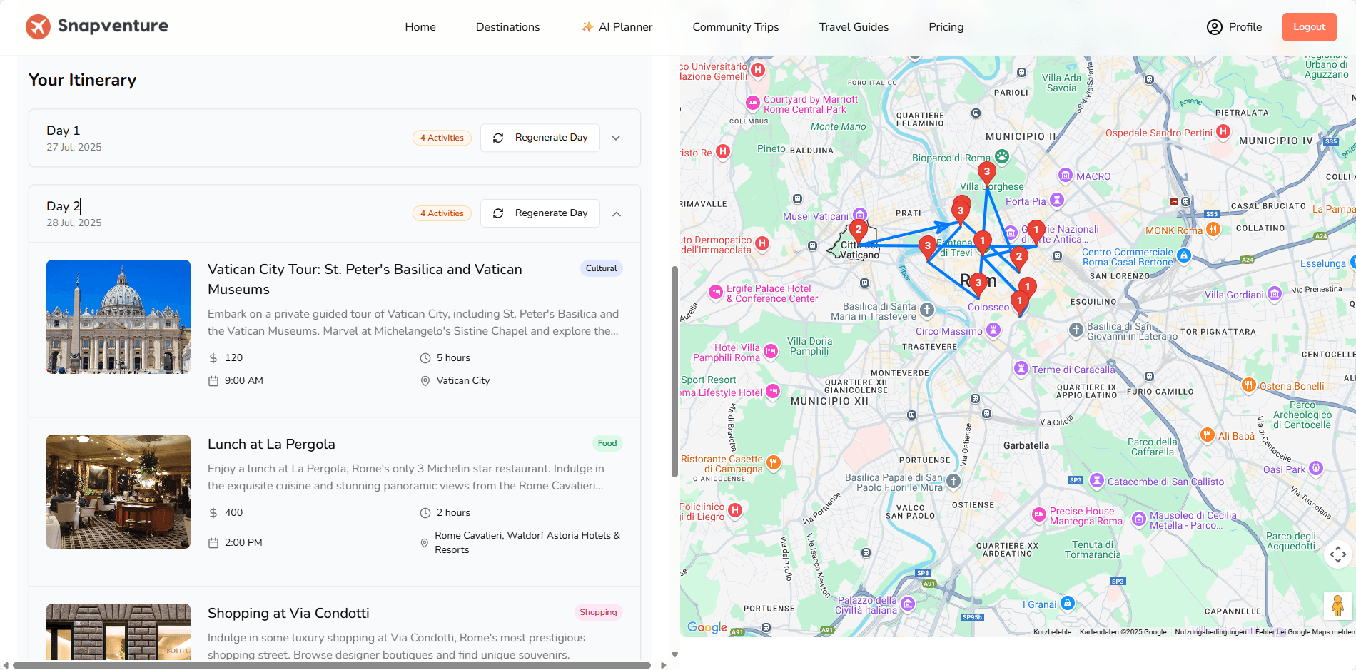 Travel app itinerary screen