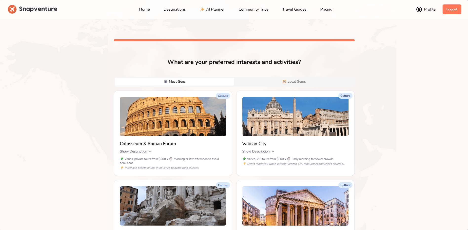 Travel app destination screen