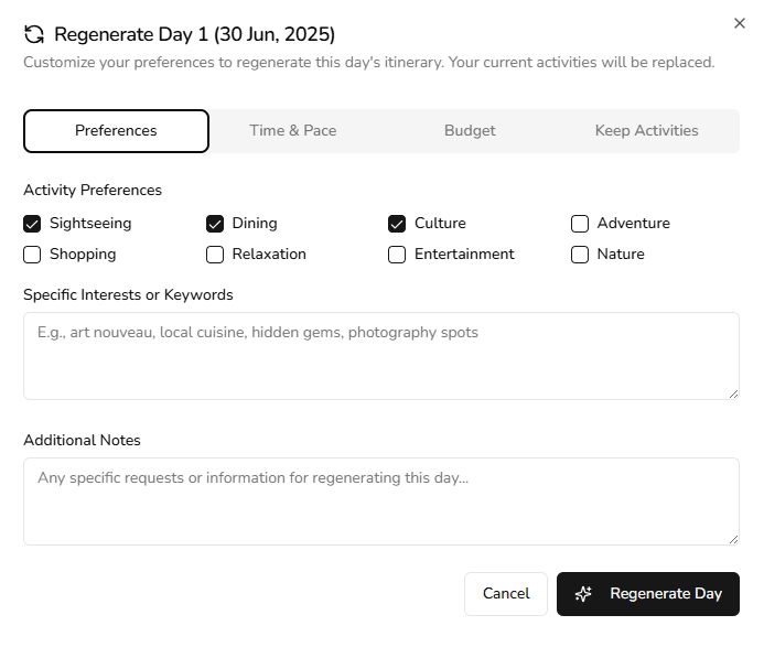 Itinerary customization screen in travel app